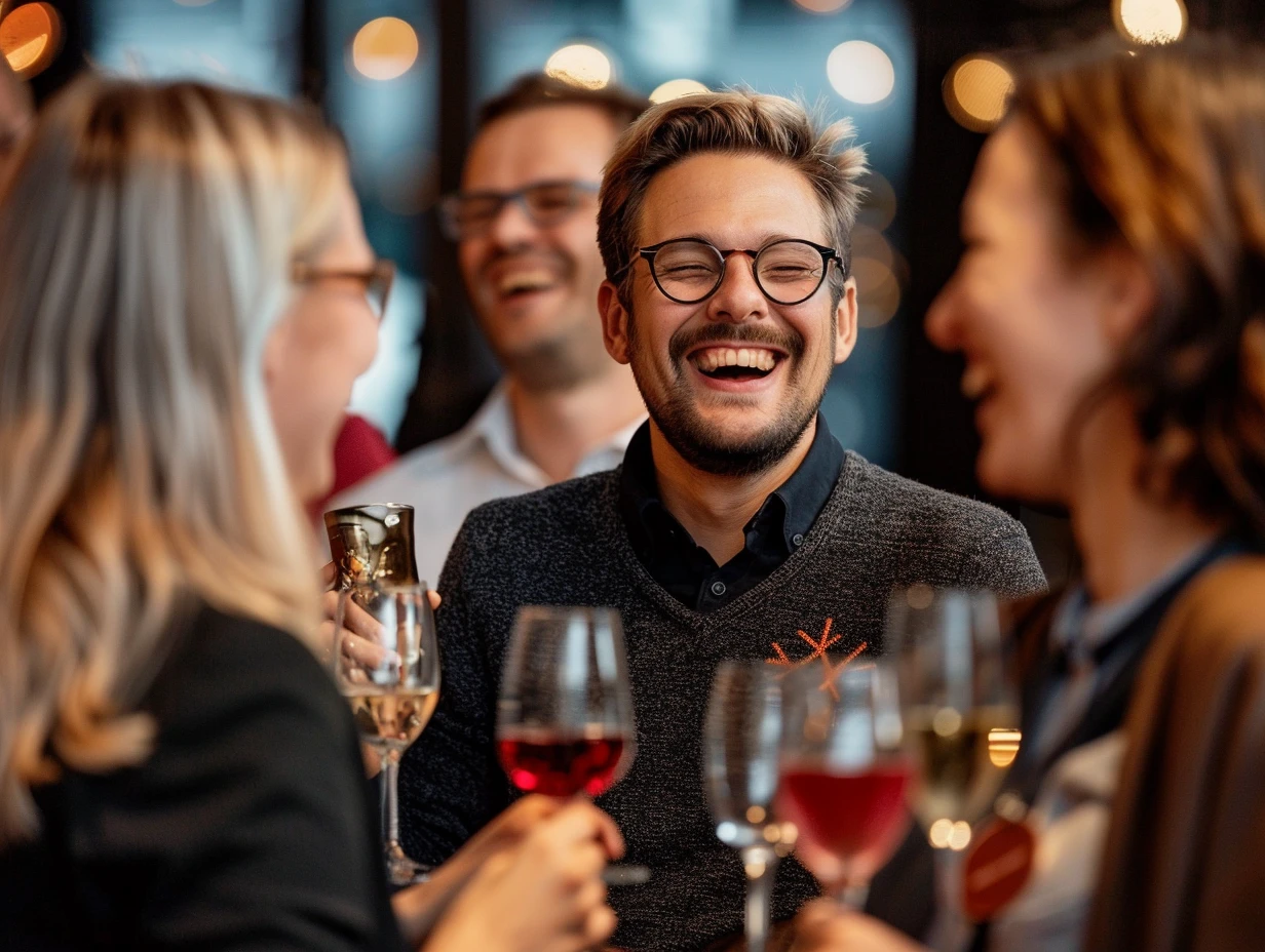 Weihnachtsfeier Ideen 2024 - Glückliche Kollegen beim Aperitif